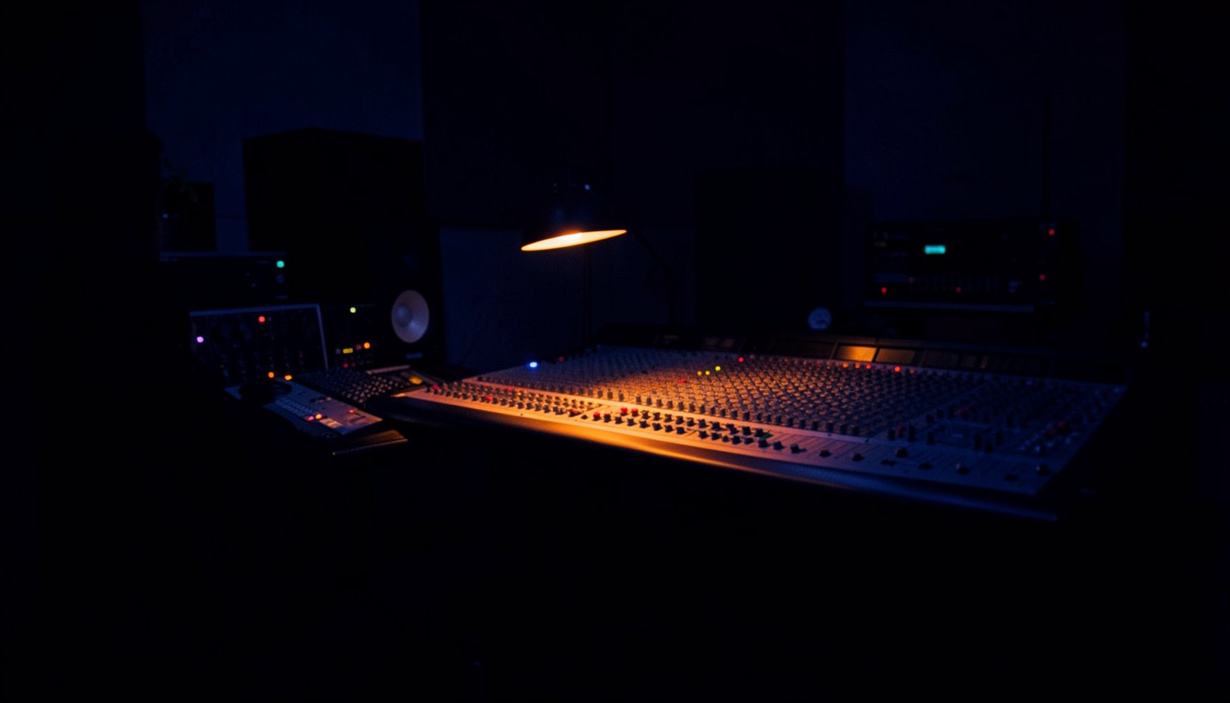 Dark, low-key photograph of a recording studio control room bathed in deep indigo shadow, with a single amber desk lamp illuminating the mixing console