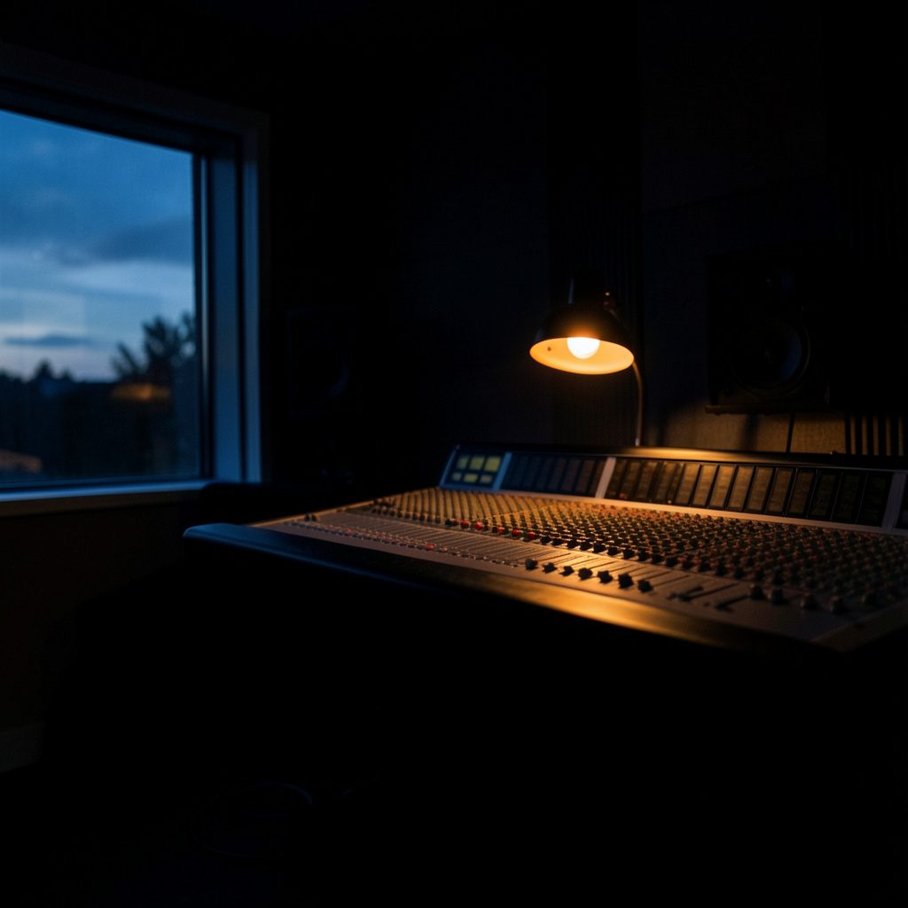 A dark, low-key photograph of a quiet recording studio control room at dusk, with deep navy shadows and warm amber glow from a single desk lamp illuminating the mixing console.